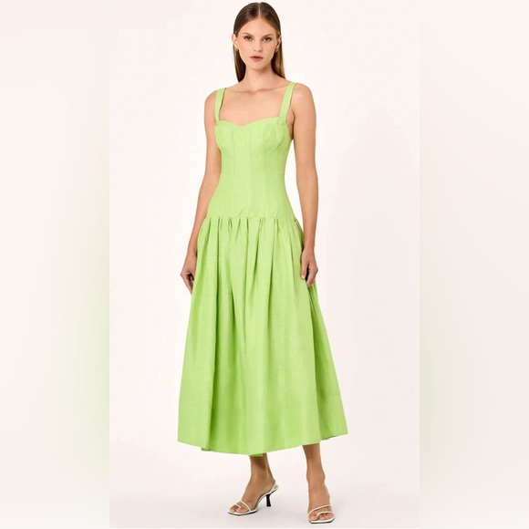 NICHOLAS MAKENNA DROP WAIST CORSET LINEN MIDI DRESS - LIME - Picture 2 of 10